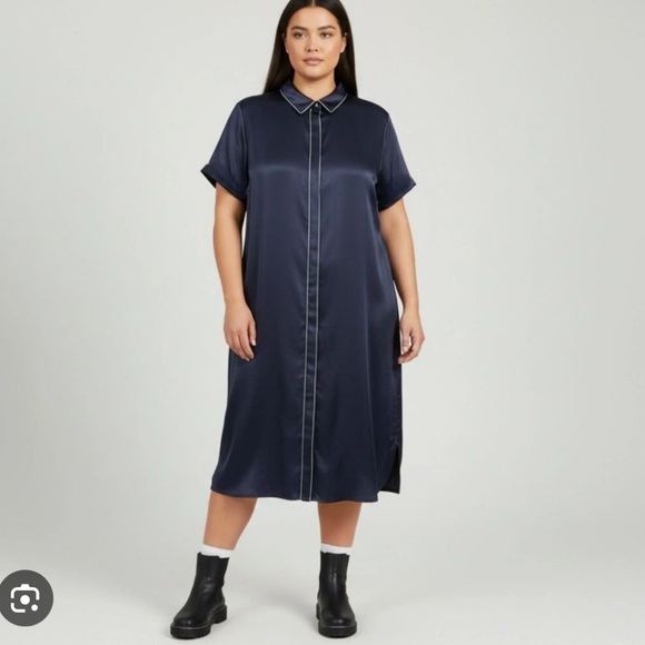 Wildfang Dresses & Skirts - Wildfang The Empower Satin Navy Blue Button-Front Shirt Dress